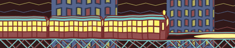 Ilustração animada de um trem andando sobre trilhos.