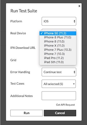 Tela de uma Run Test Suite, com especificações para seleção.