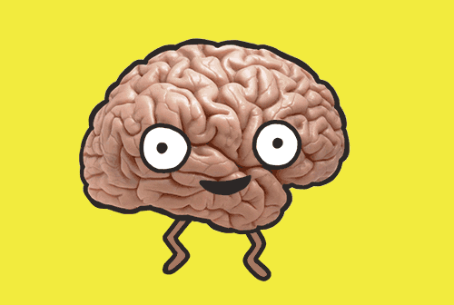 Ilustração animada de um cérebro com uma carinha feliz e perninhas, dançando.
