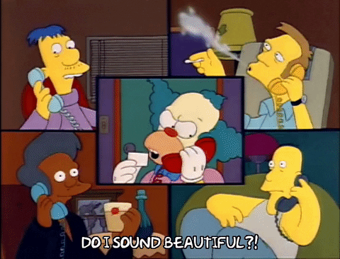 Gif de personagens dOs Simpsons em uma telechamada, com a legenda 'Do I sound beautiful?!' (estou soando bonito?).