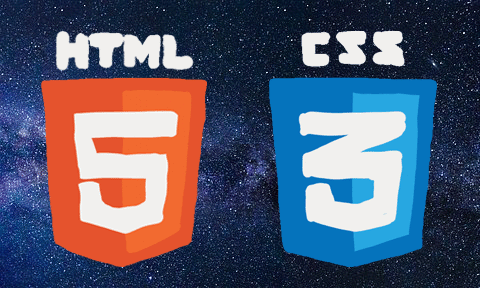 Imagem animada que mostra as logos de HTML e CSS sobre um fundo de universo estrelado.