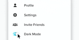 Imagem animada de menu de uma aplicação, com a opção 'Dark Mode' sendo ativada e desativada e a tela alternando entre escura e clara. 