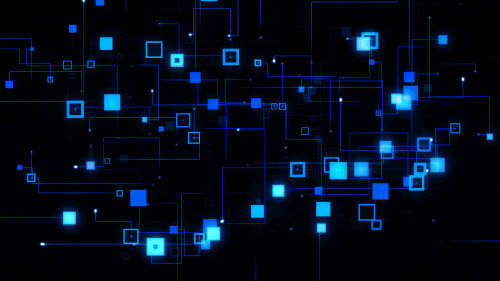 Imagem animada mostrando vários quadrados azuis que acendem e apagam em um fundo preto, e linhas que vão conectando os quadrados.