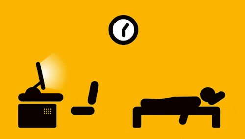 Gif de ilustração animada que mostra um homem alternando entre trabalhar no computador e dormir, com um relógio mostrando as horas passando.