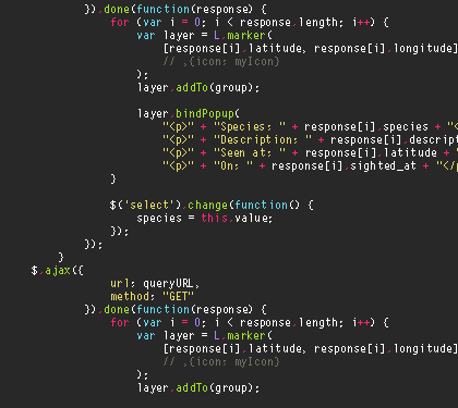 Gif de código em JS rolando em um terminal.