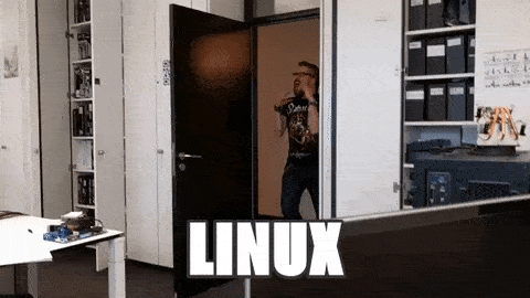 Imagem animada de um homem que entra em um escritório, passa pela porta comemorando, com a legenda 'Linux'.