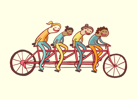 Imagem animada de uma bicicleta quádrupla com 4 pessoas pedalando, com semblantes felizes.