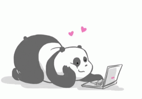 lustração animada de um panda usando um laptop, abanando o rabinho e com corações sobre a cabeça.  