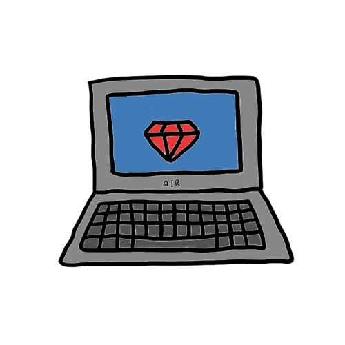 Imagem animada de um laptop com um rubi vermelho na tela.