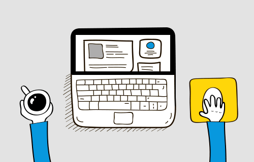 Animação ilustrada mostrando um laptop e as mãos de uma pessoa: uma que segura um café, e a outra que mexe o mouse, passando blocos de informação e desenho na tela.